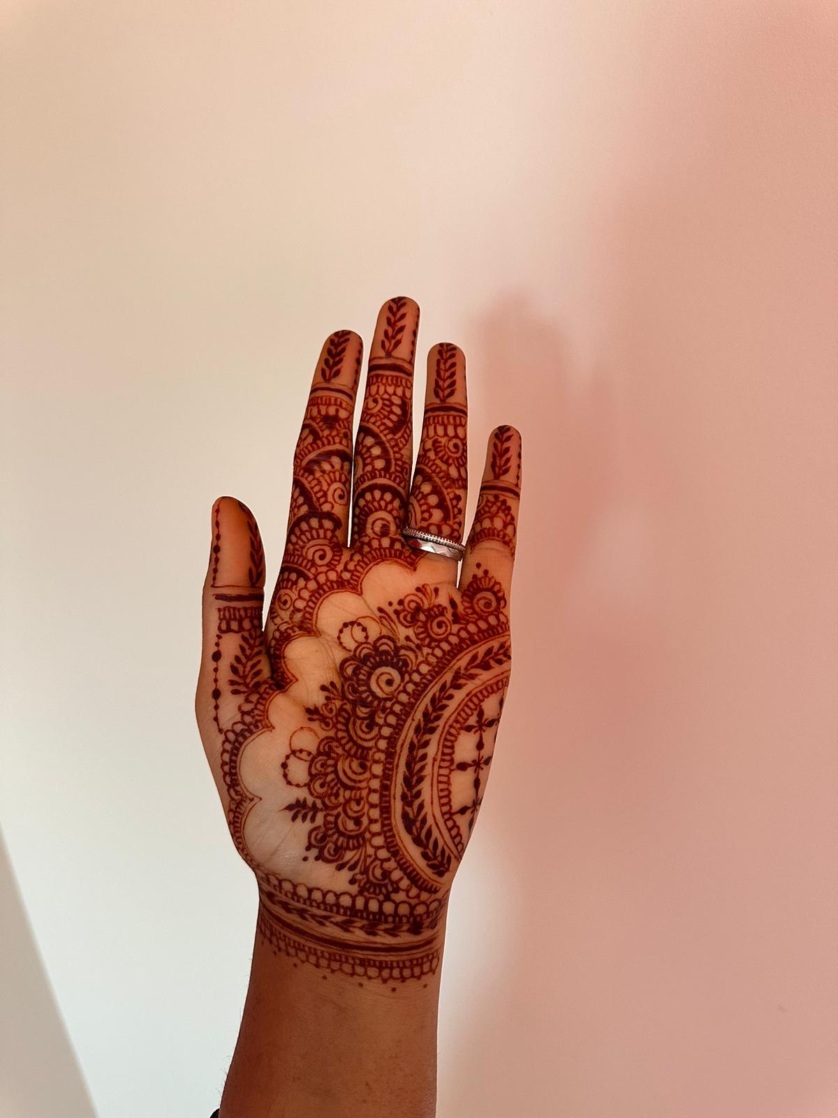 Detailed henna palm design pink wall Edmonton artist
