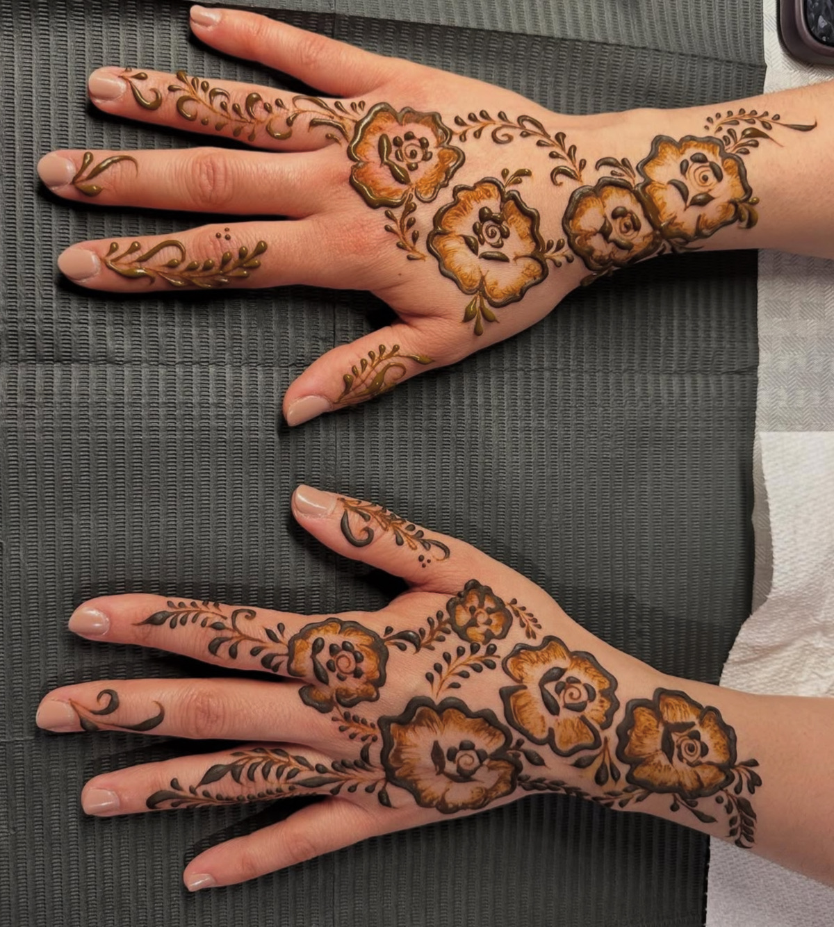 Matching rose henna hand designs Edmonton artist